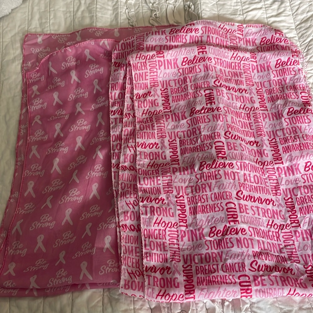 Breast cancer support accessories.  2 scarves and 2 handkerchiefs.